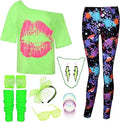 80s Outfit Costume for Women - Off Shoulder Top, Neon Leggings