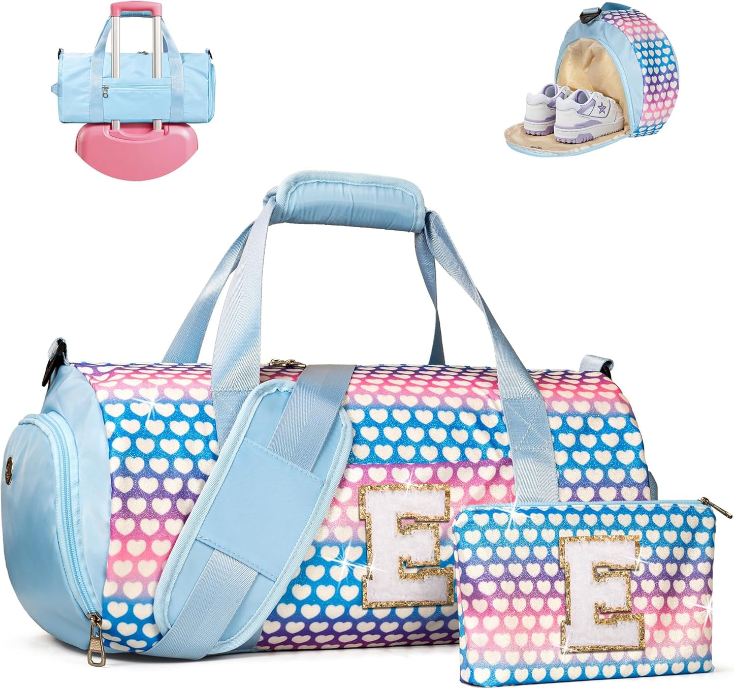 Personalized Girls Travel Duffel Bag with Initials and Pouch