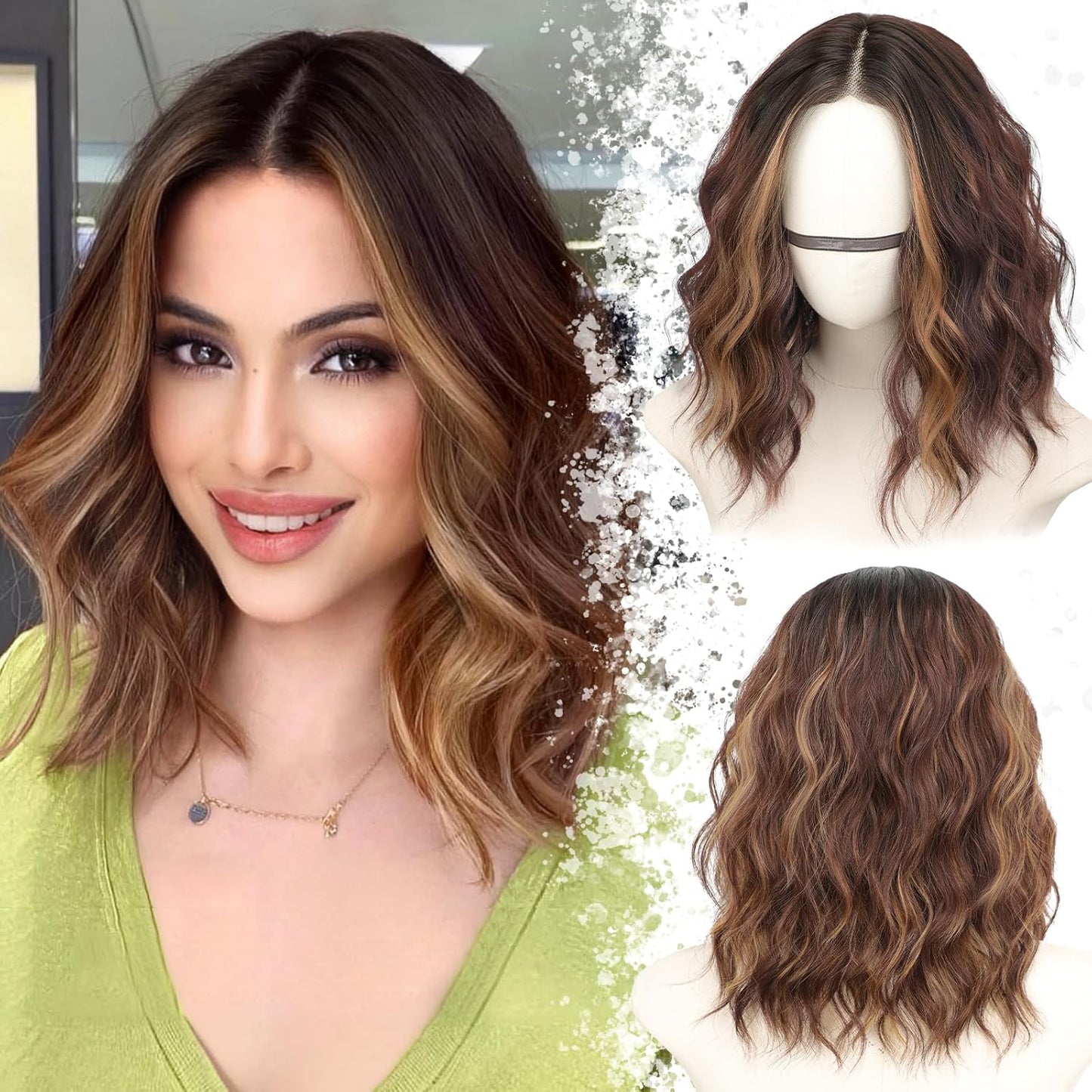Dark Brown with Highlights Short Wavy Bob Glueless Synthetic Wig