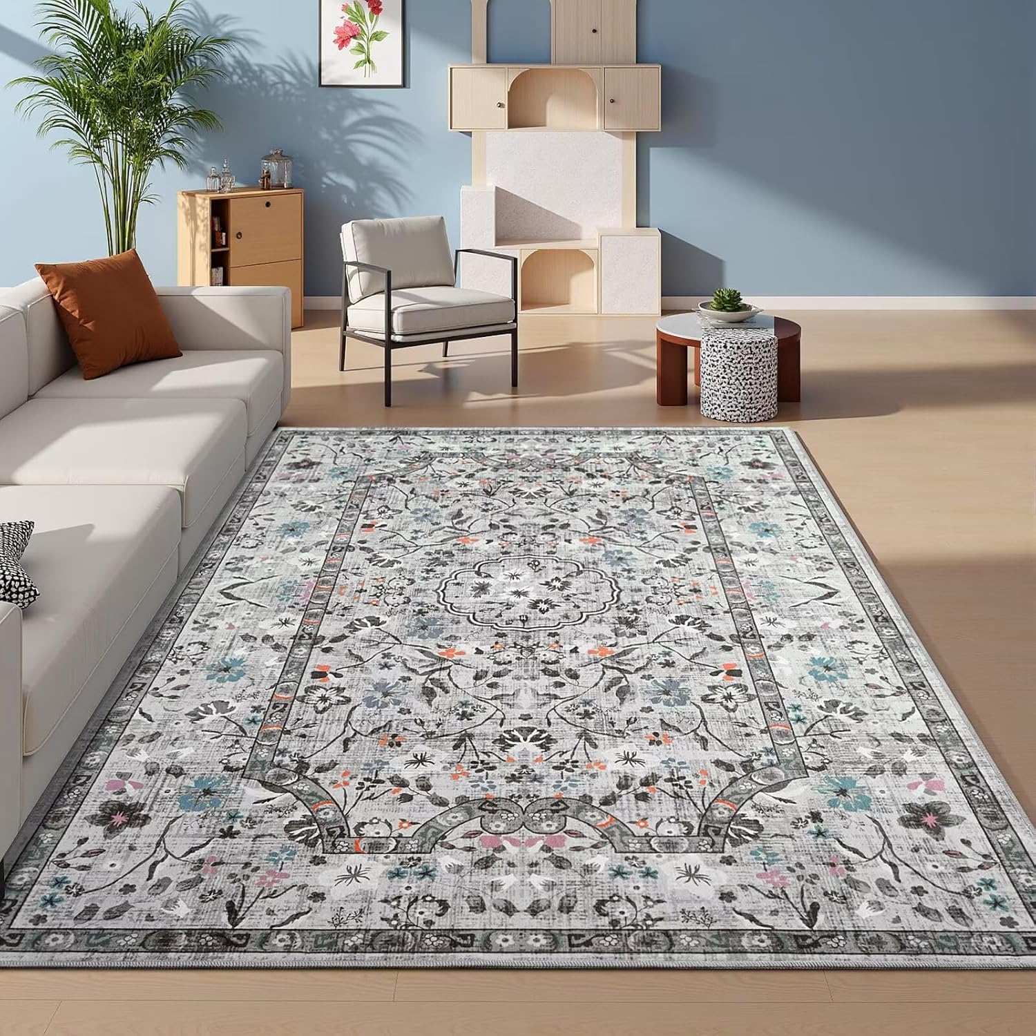 Vasofe 4x6 Area Rug for Bedroom, Vintage Floral Non Slip Carpet
