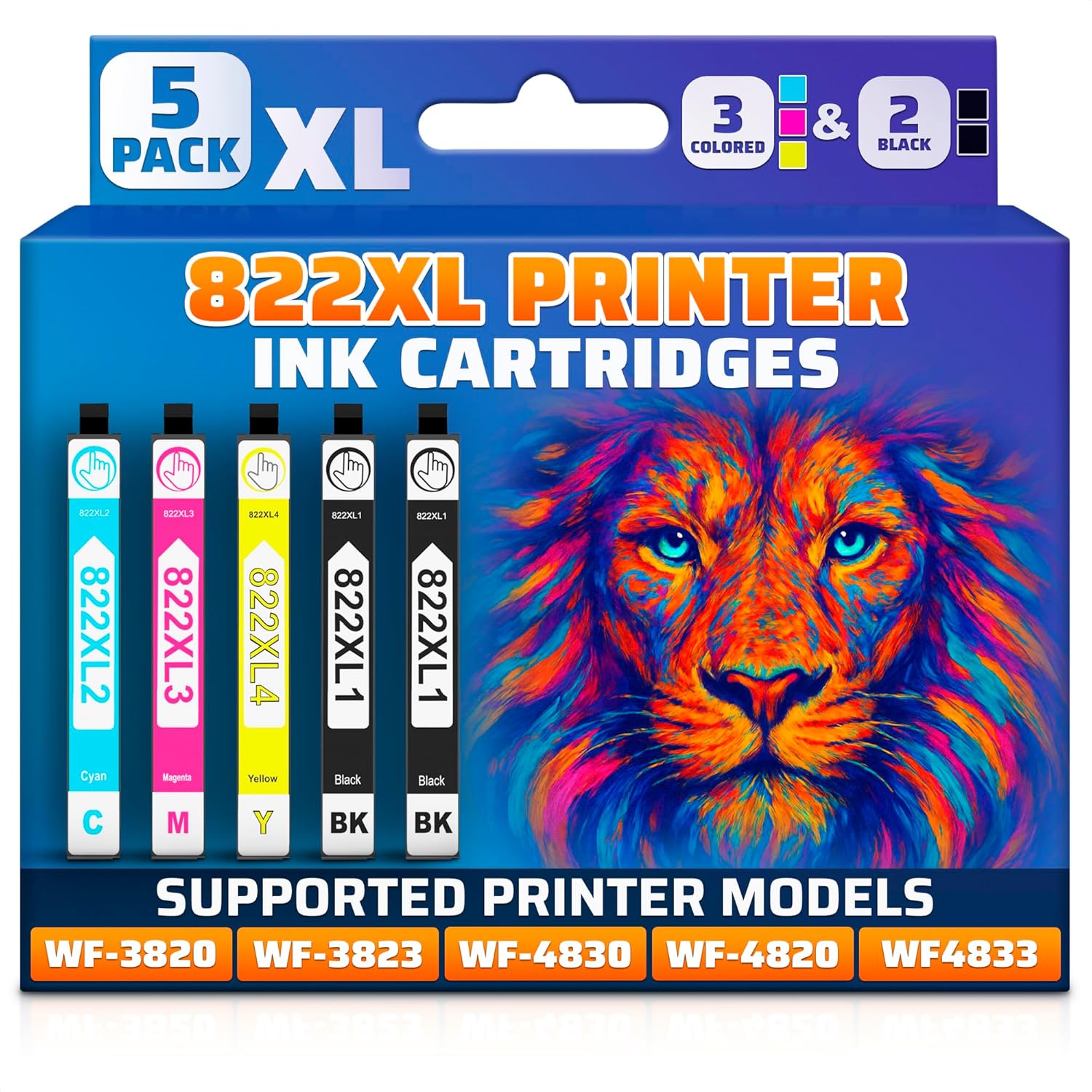 Reluen 5-Pcs 822XL Printer Ink Cartridges for Quality Prints