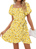 SAMPEEL Womens Summer Dresses Square Neck Puff Sleeve Tie (Style FQTB)