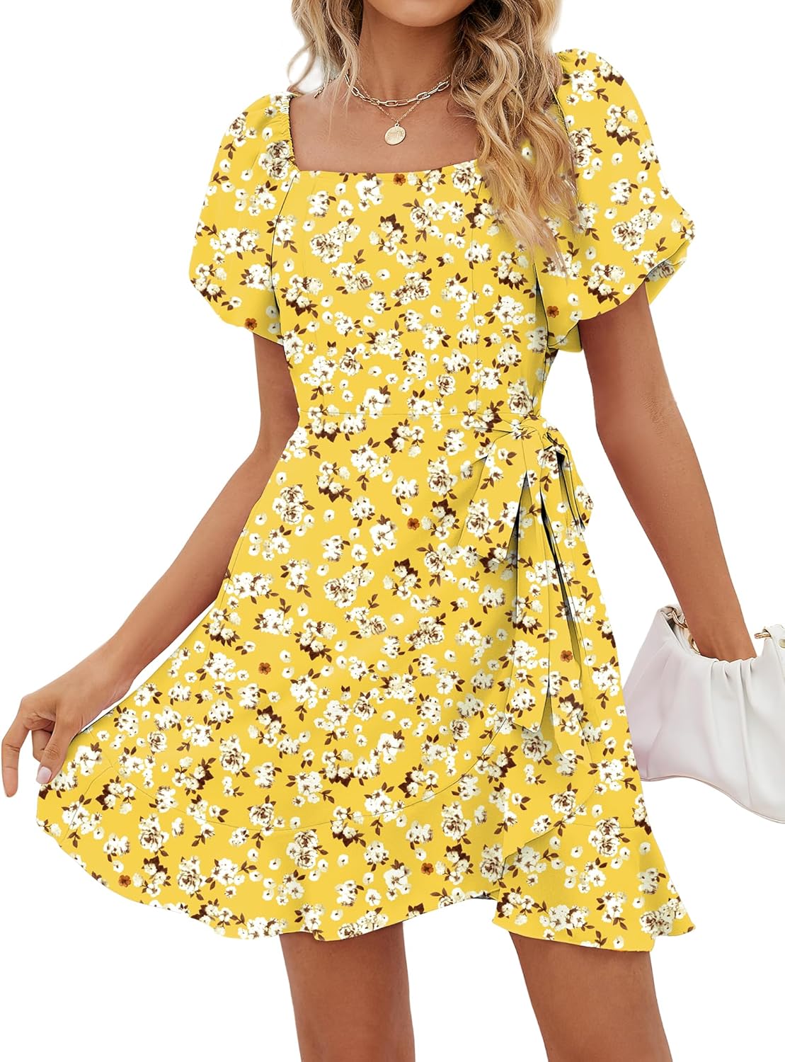 Stylish Womens Summer Dresses with Puff Sleeves and Tie Waist
