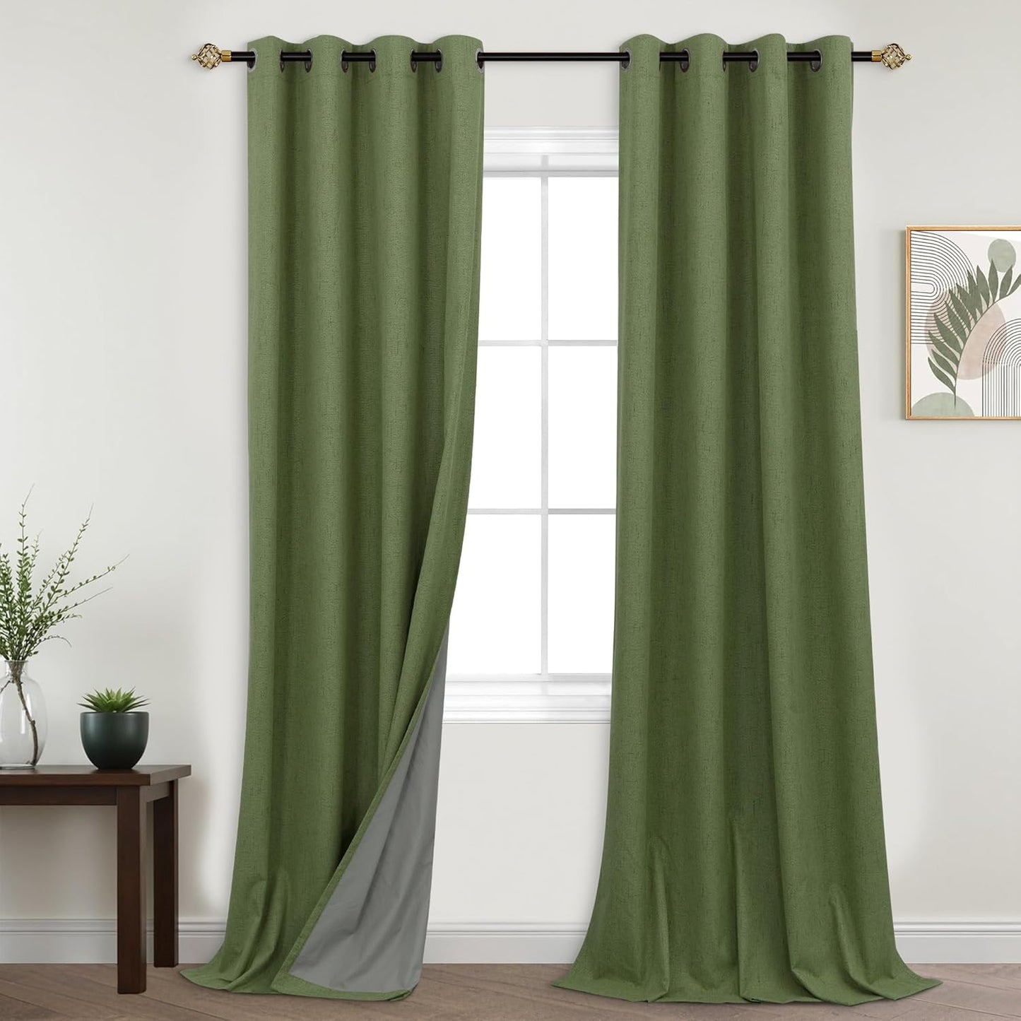 Mrs.Naturall Olive Green Grommet Linen Blackout Curtains 52x108