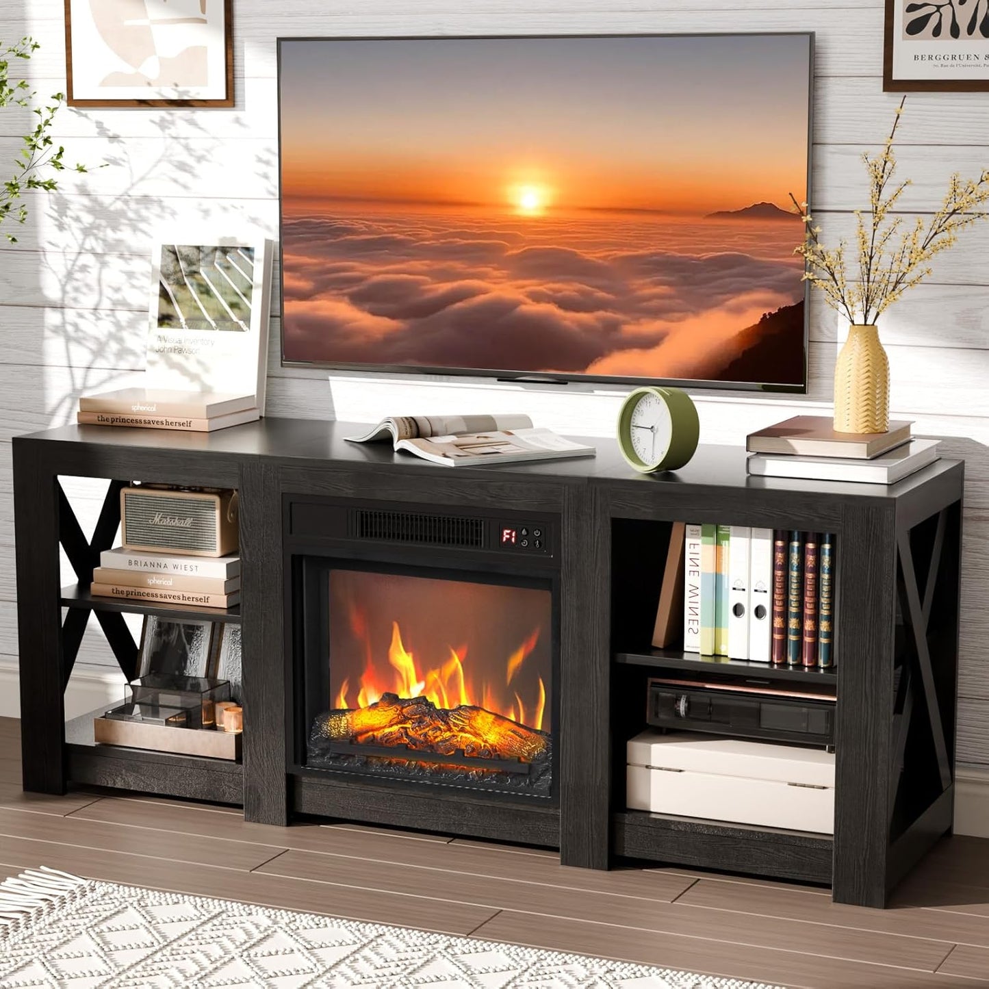 VINGLI Fireplace TV Stand for 70 inch TVs with Electric Heater