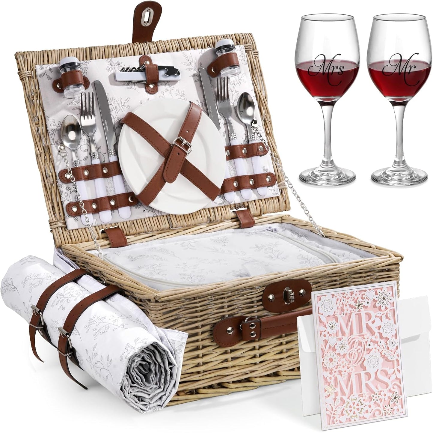 Wicker Picnic Basket Set for 2 with Wine Glasses and Blanket
