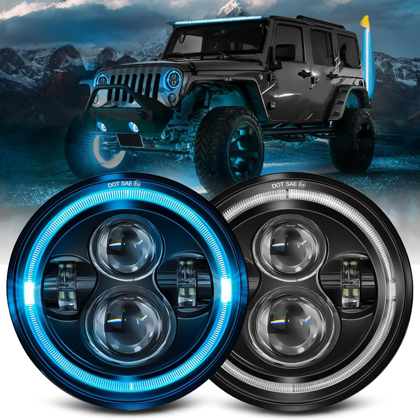 7 inch Ice Blue Halo LED Headlight Hi/Lo Beam for Jeep & Chevy