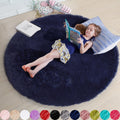 Dark Navy Round Rug 6Ft for Living Room - Fluffy Furry Plush Circle