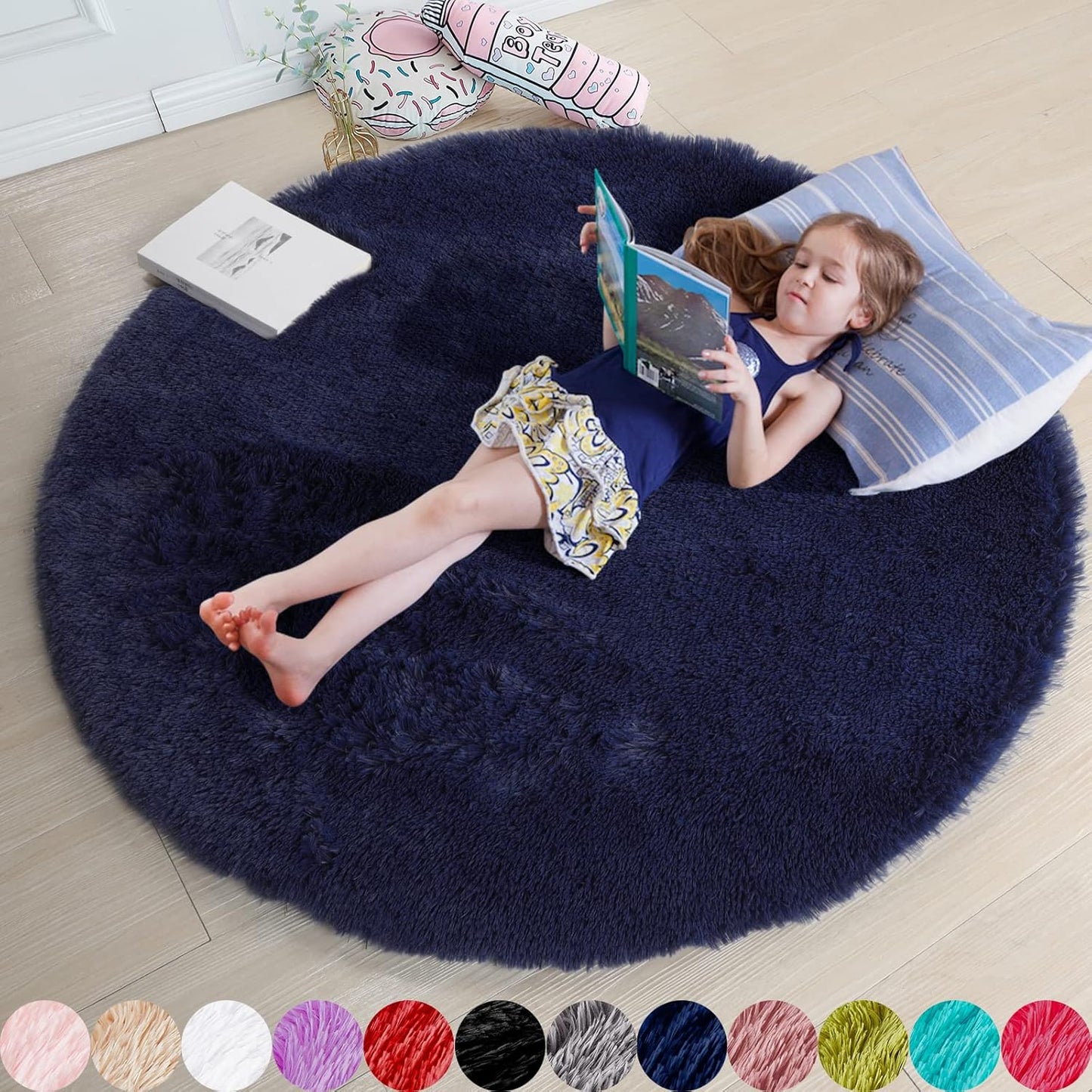 Dark Navy Round Rug 6Ft for Living Room and Kids Bedroom
