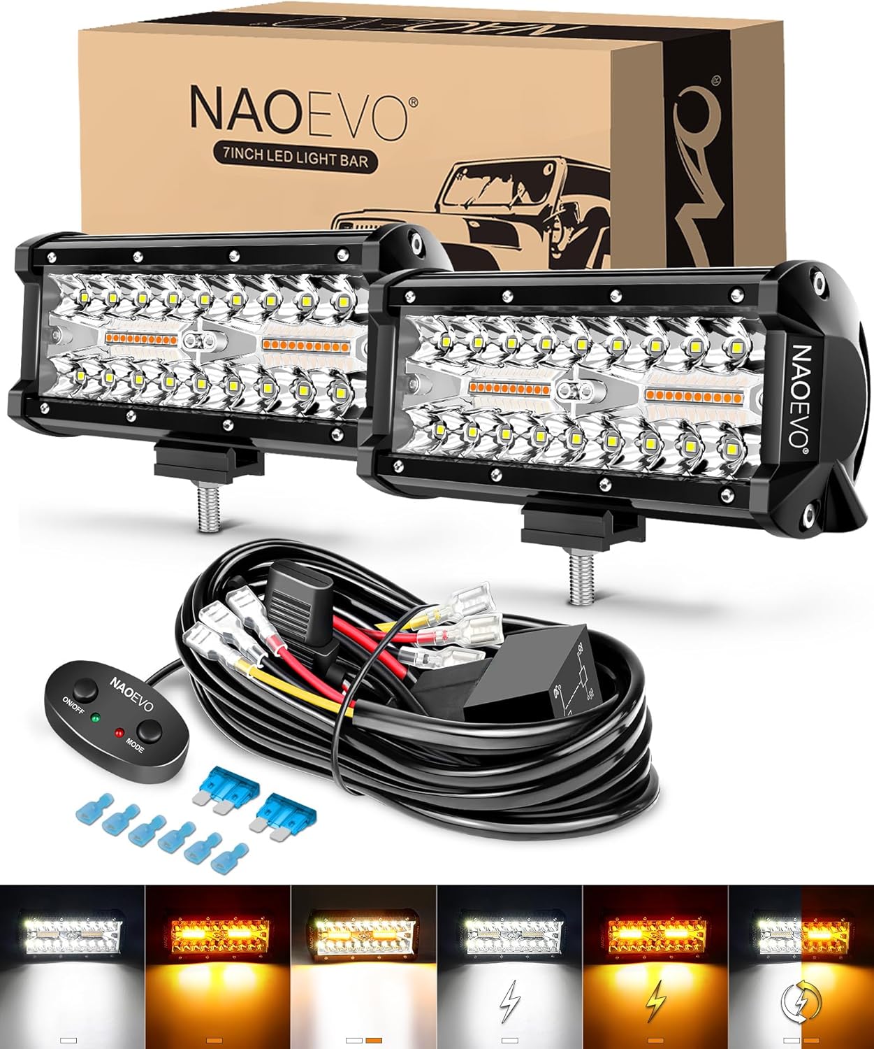 NAOEVO 7 Inch LED Light Bar with Versatile Modes for Safety