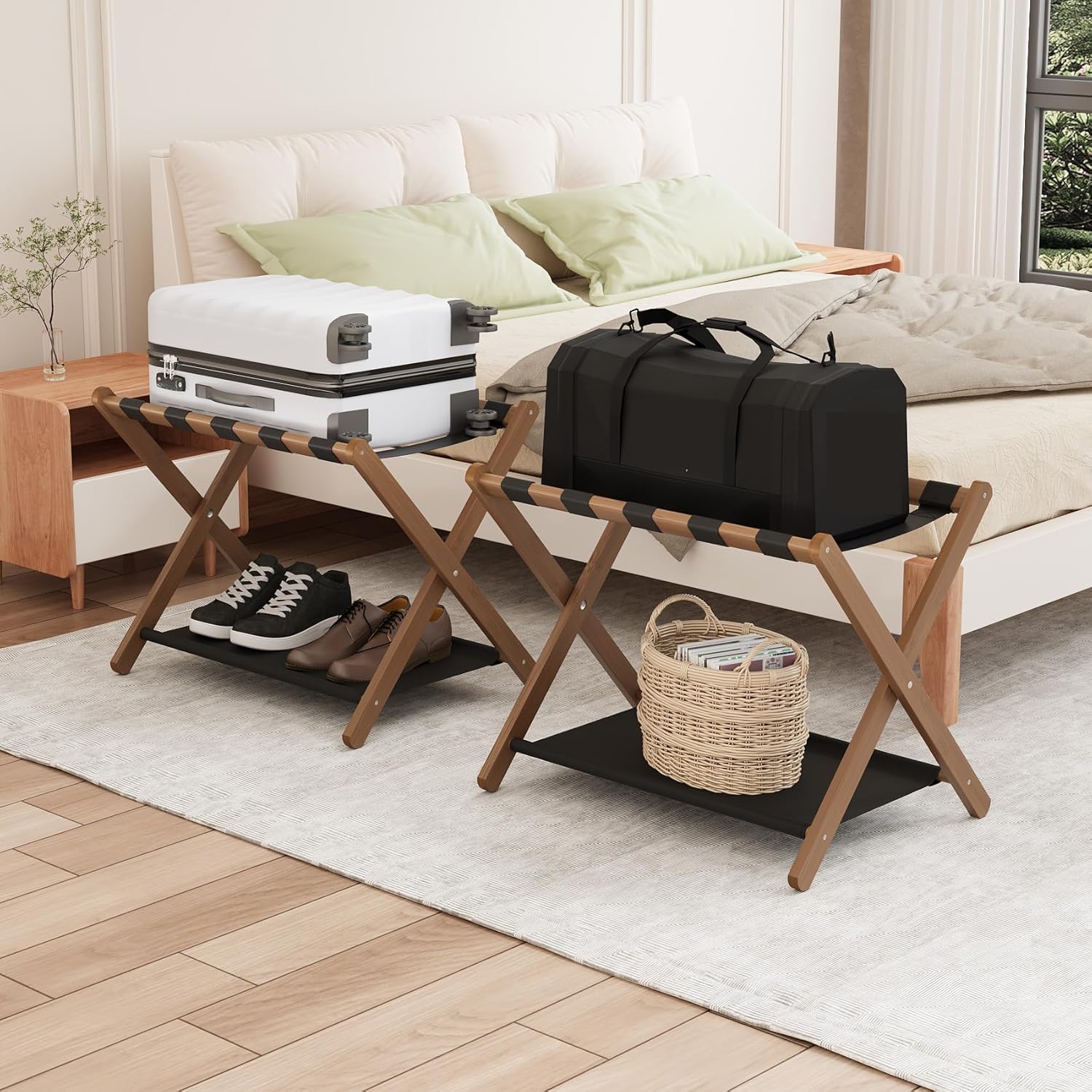 Smuxee Walnut Bamboo Luggage Rack for Easy Storage and Access