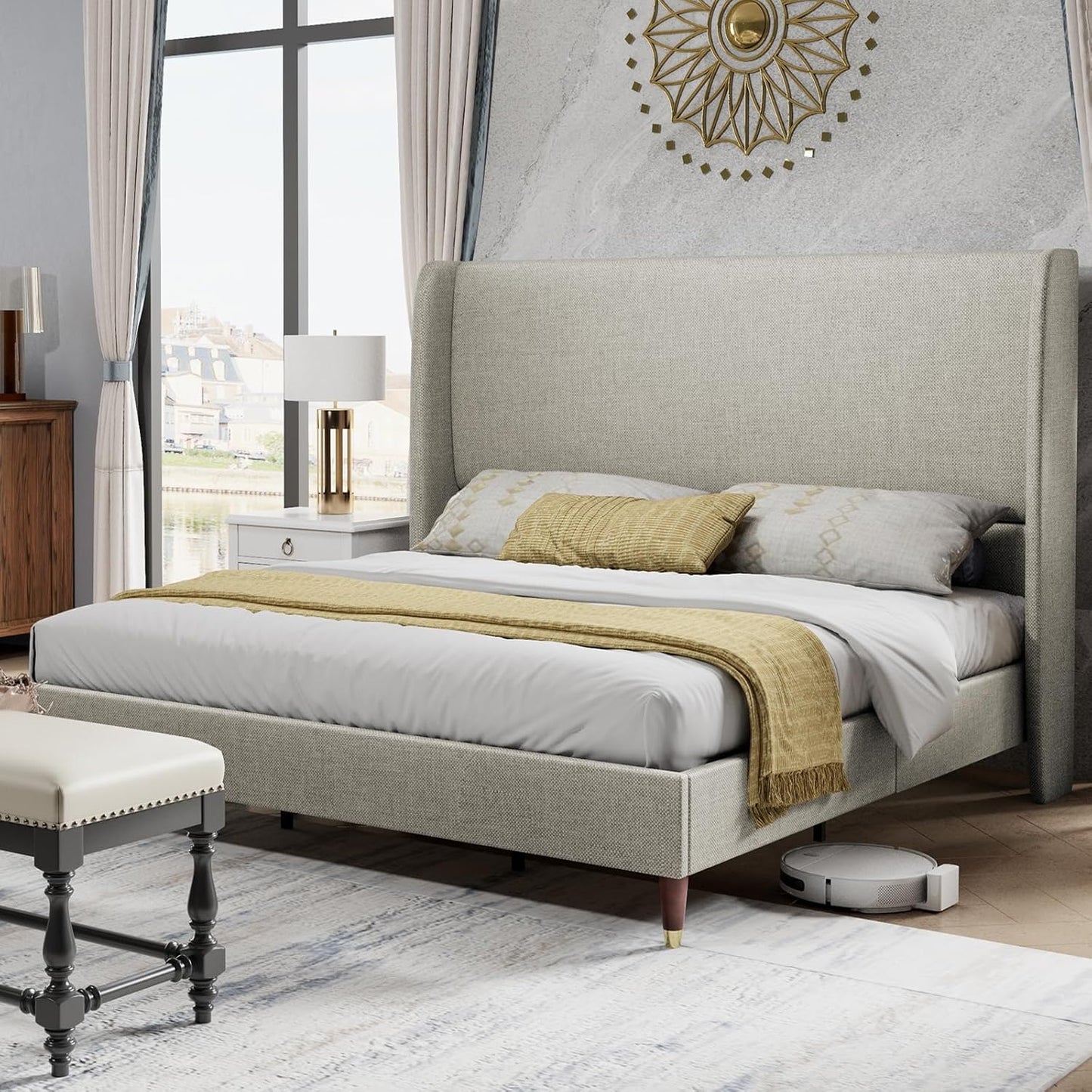 PaPaJet Queen Platform Bed Frame with Tall Upholstered Headboard