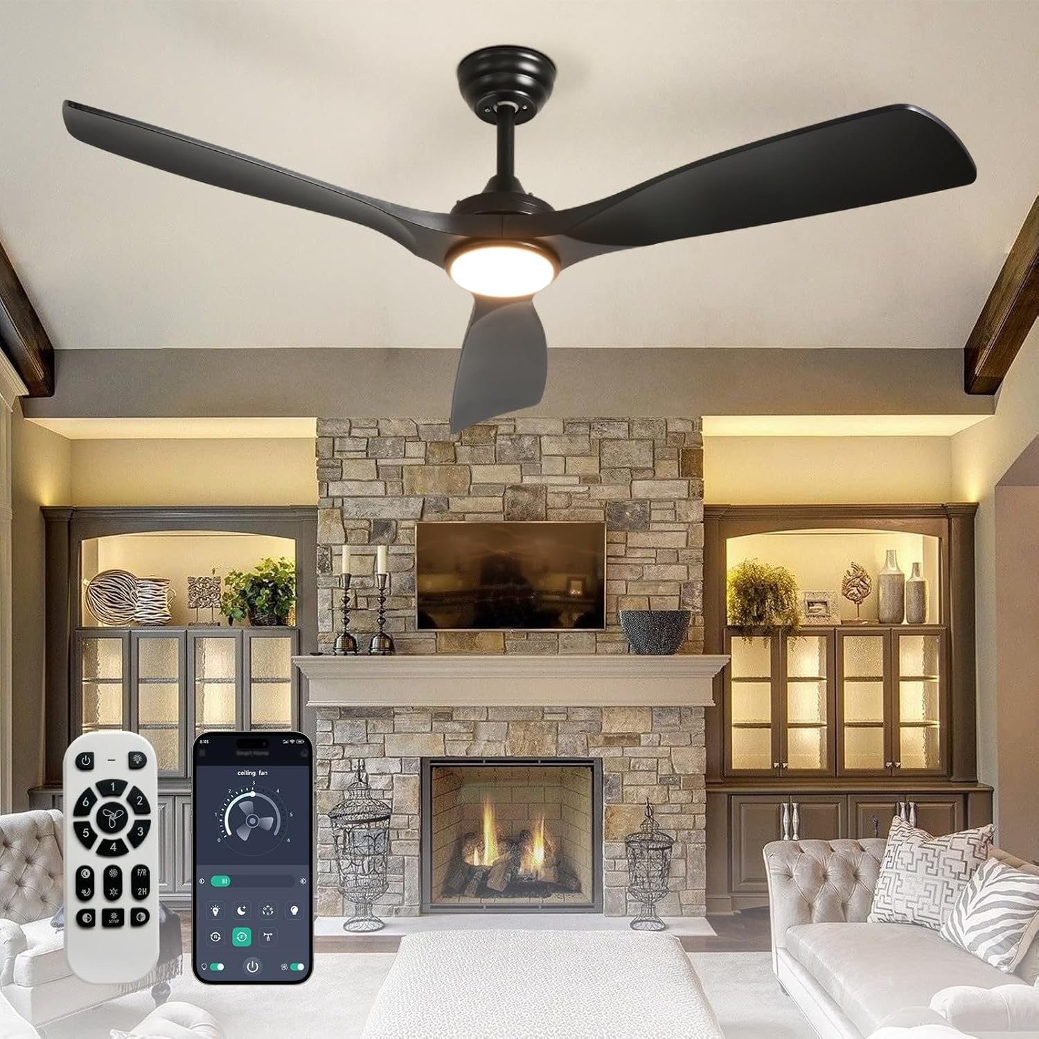 Outdoor Ceiling Fan with Light: 52 Inch Modern Black Fan
