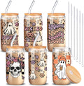 6 Pcs Halloween Glasses with Bamboo Lid and Glass Straw Set