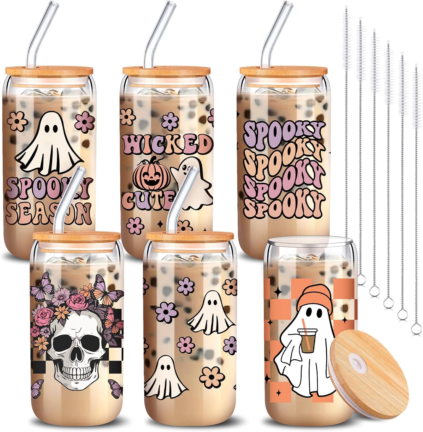 6 Pcs Halloween Glasses with Bamboo Lid and Glass Straw Set