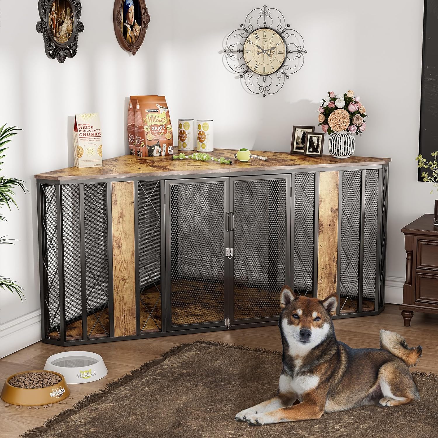 Large Corner Dog Crate Furniture with Industrial Style Design