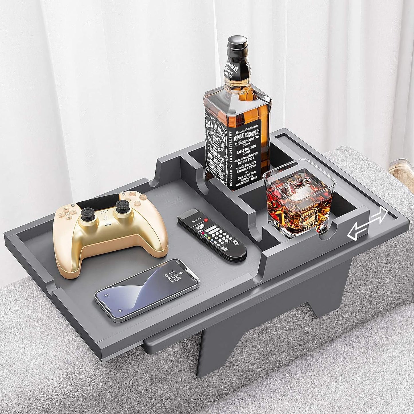 Couch Cup Holder Tray - 2 in 1 Armrest Table for Drinks & Snacks