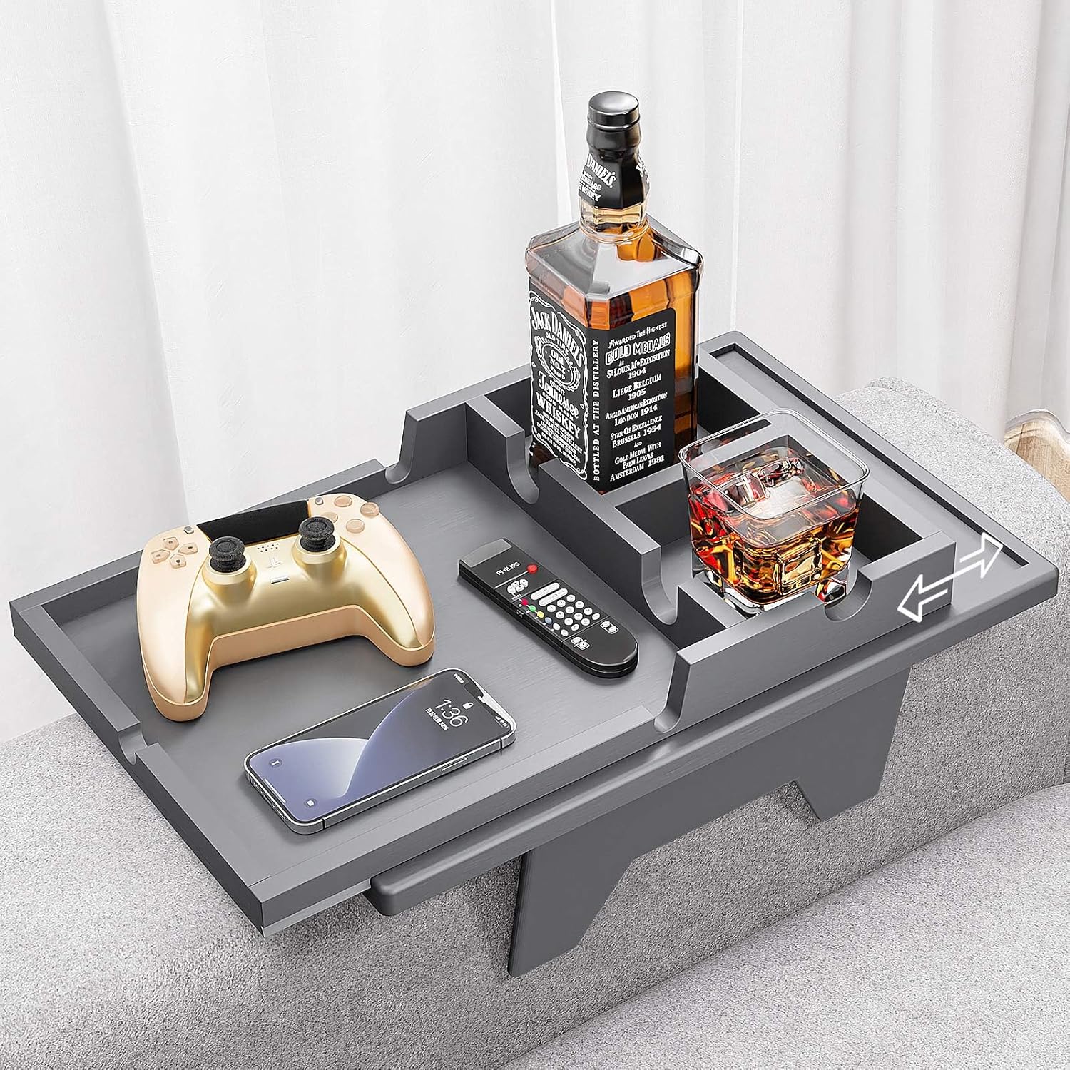 Couch Cup Holder Tray - 2 in 1 Armrest Table for Drinks & Snacks