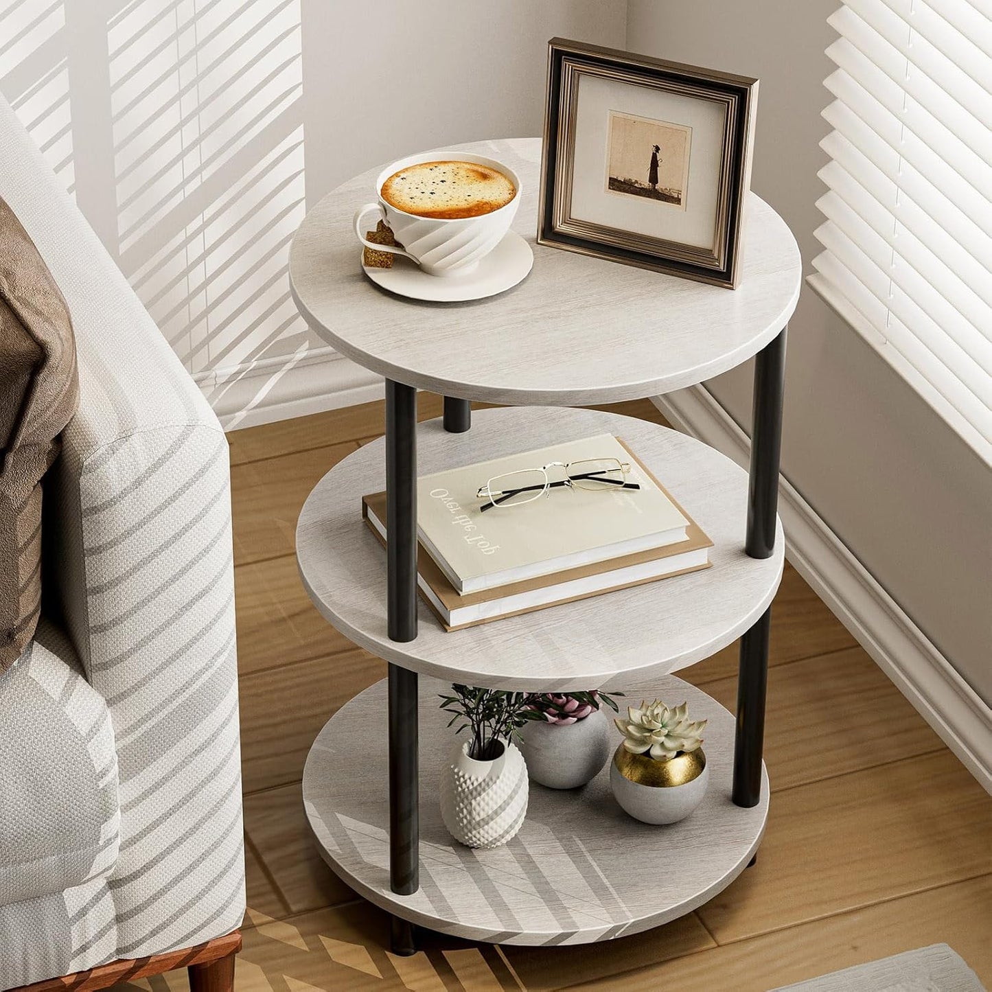 Small Round End Table - 3 Tier Design for Compact Spaces