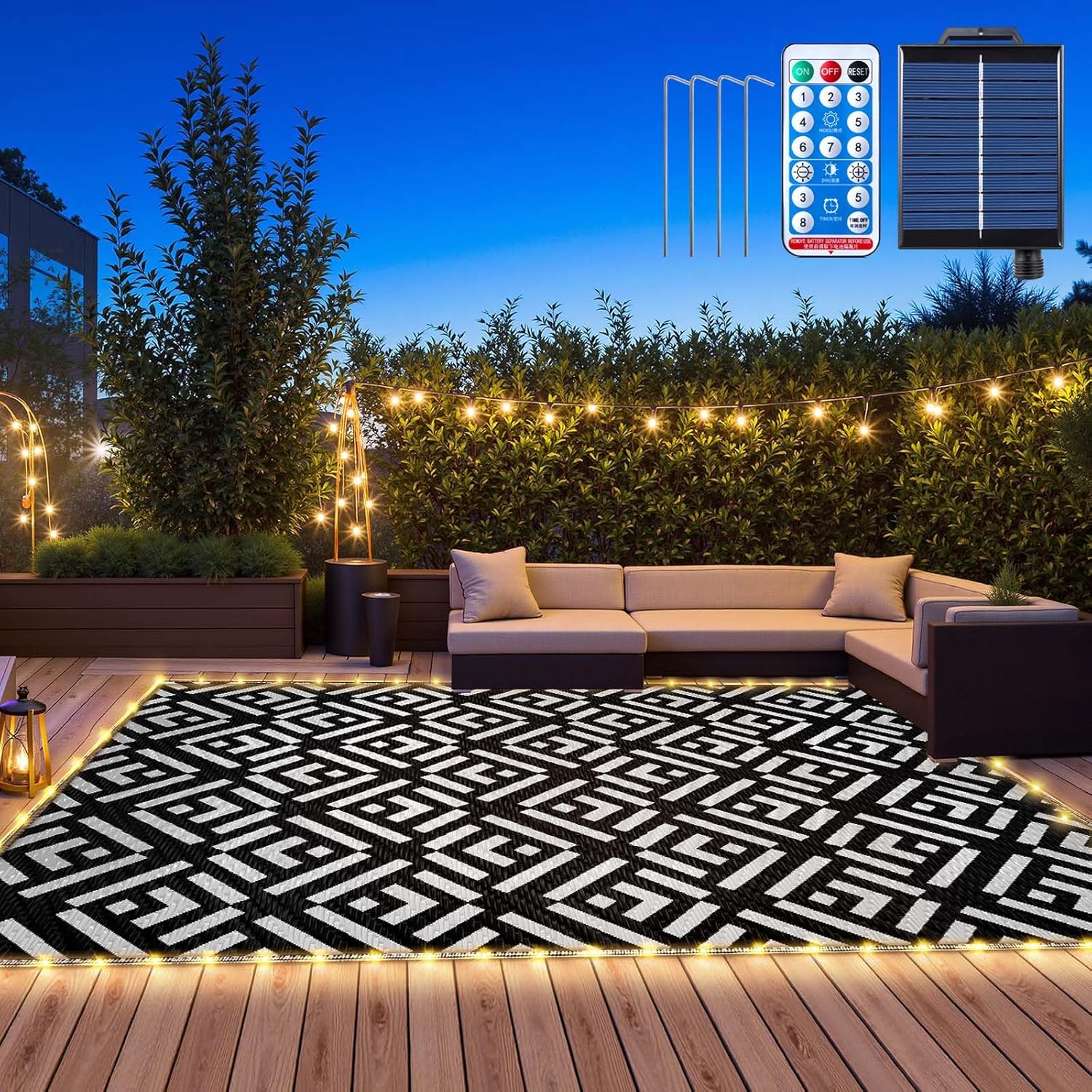 8x10Ft Solar Powered Outdoor Rug with LED Lights for Camping
