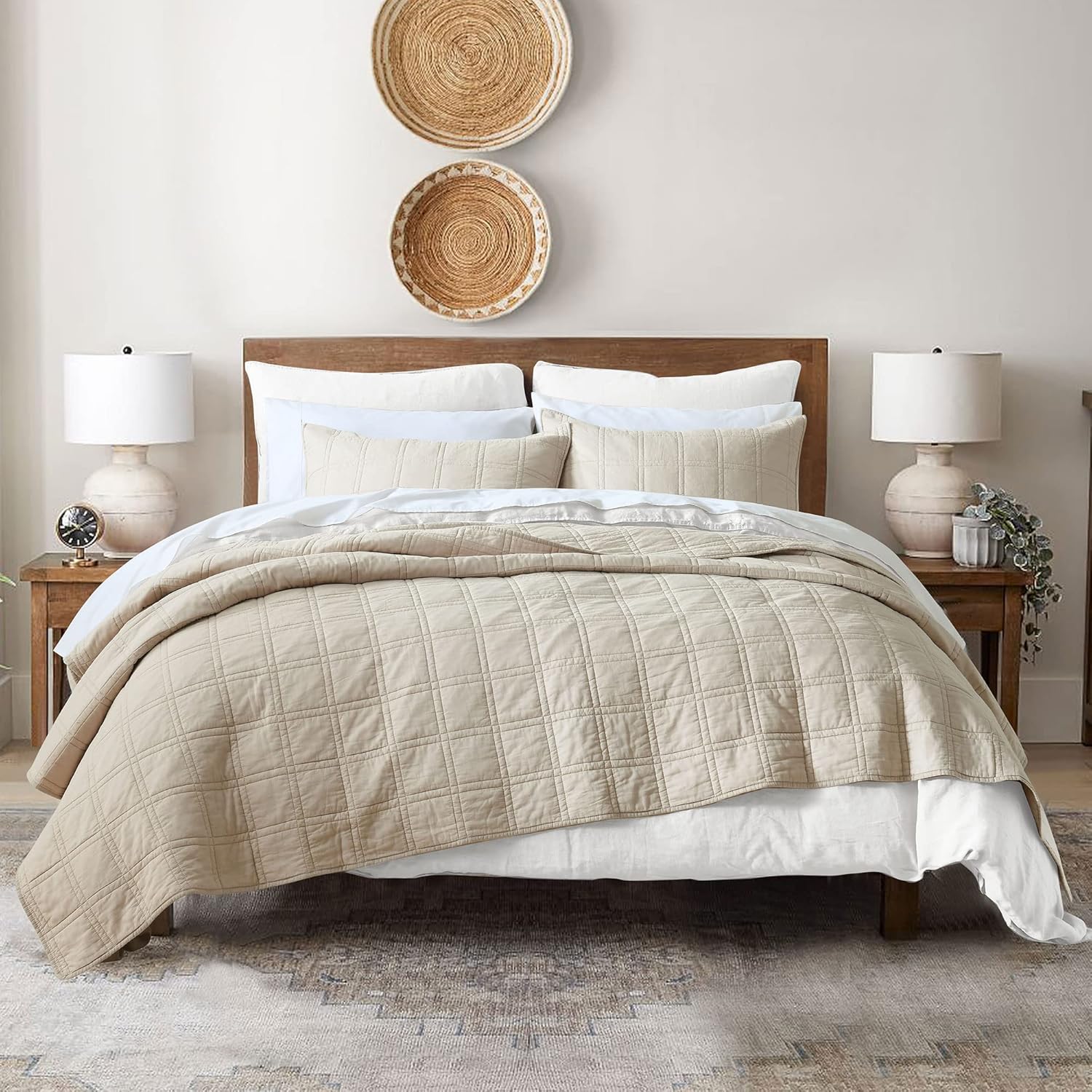 100% Cotton Quilt Queen Size Beige Bedspread for All Seasons