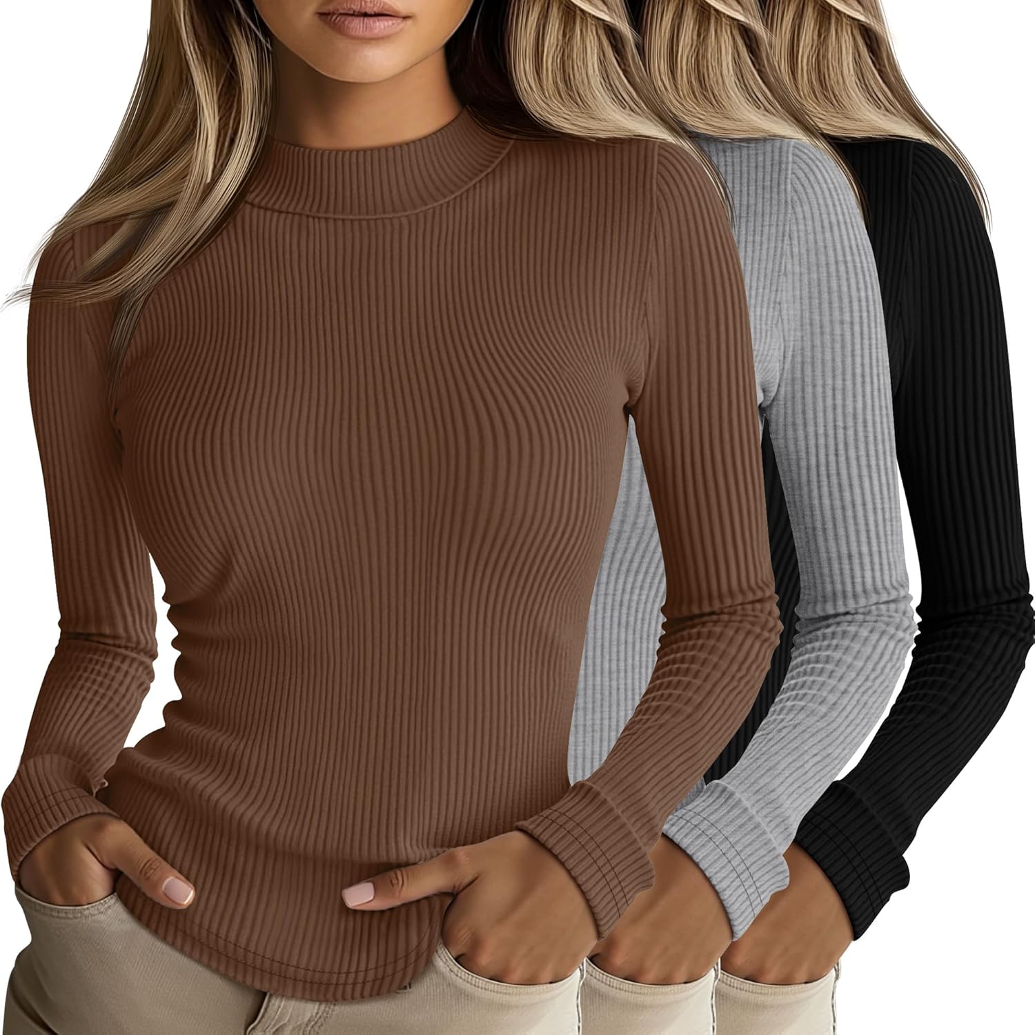 Riyiper 3 Pack Women's Ribbed Mock Turtleneck Long Sleeve Tops