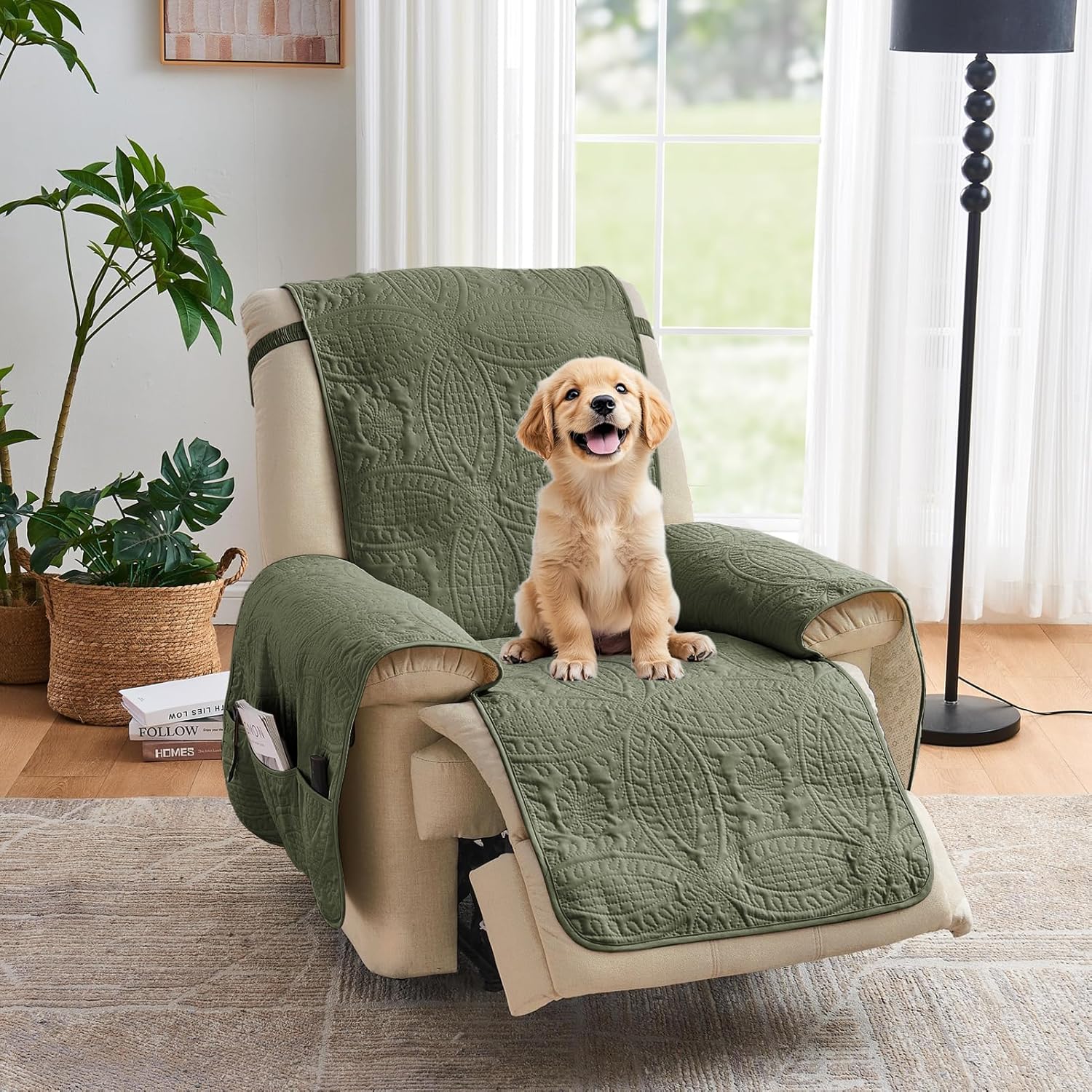 Green Quilted Recliner Covers for Dogs, Water-Repellent Slipcovers