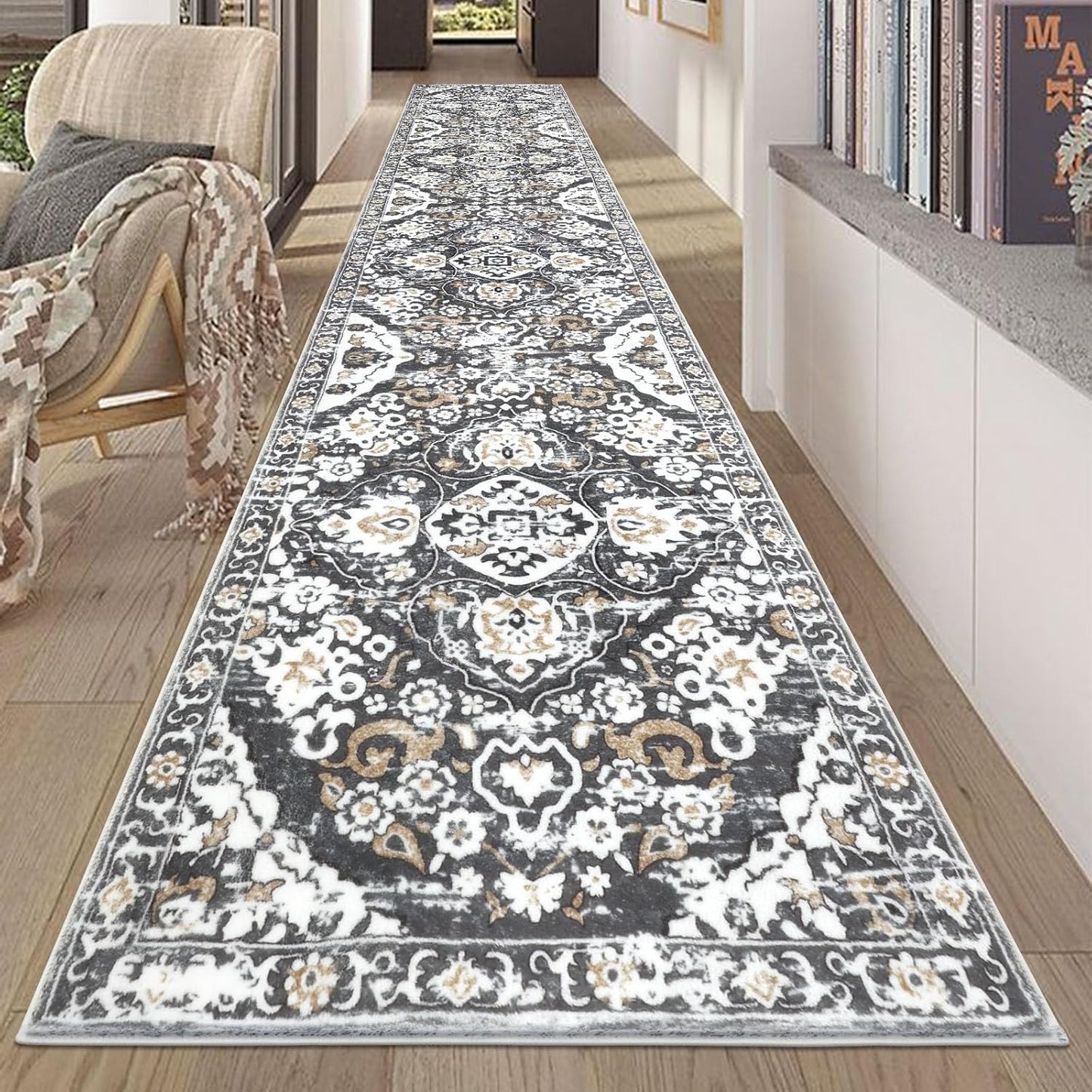 HEBE Hallway Runner Rug 2ft 8in'x14ft Vintage Distressed Non Slip