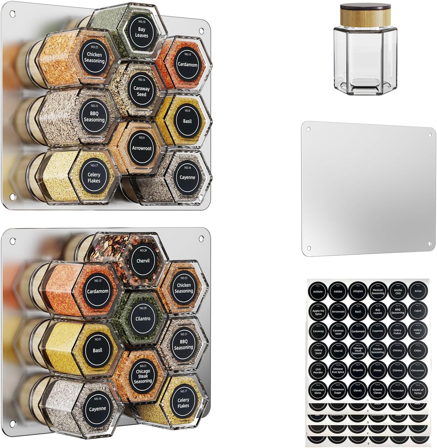 Set of 18 Magnetic Glass Spice Tins with Labels and Wall-Plates