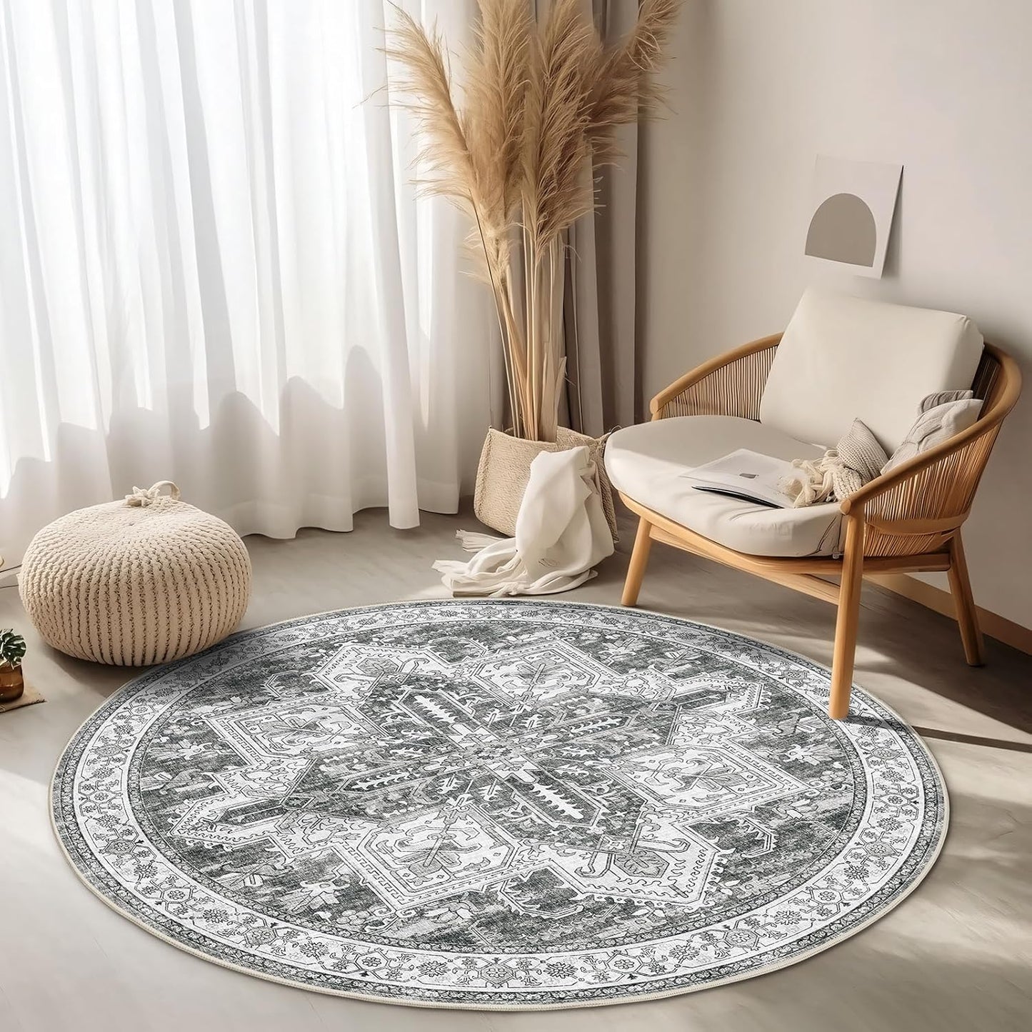 WITSHOCK Round Area Rug 4Ft for Living Room Soft Vintage Design
