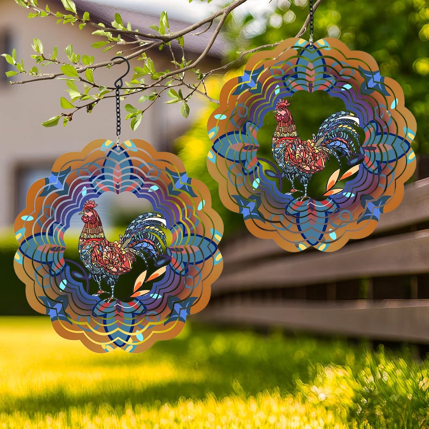 2 Pack Rooster Metal Wind Spinners for Outdoor & Indoor Decor