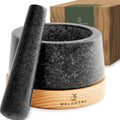 Mortar and Pestle Set with Oak Wood Base - Large Granite Mortar