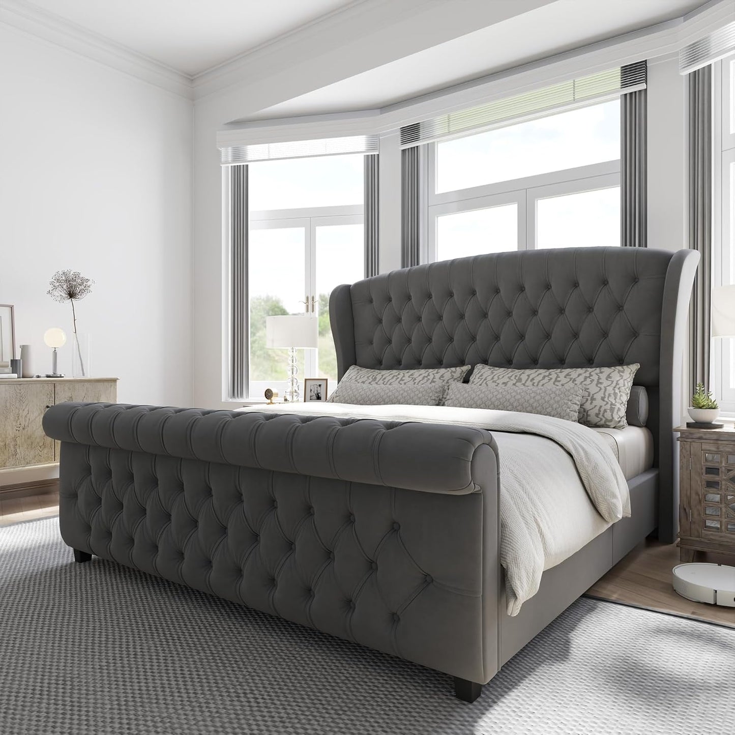 California King Size Platform Bed Frame with Velvet Upholstery