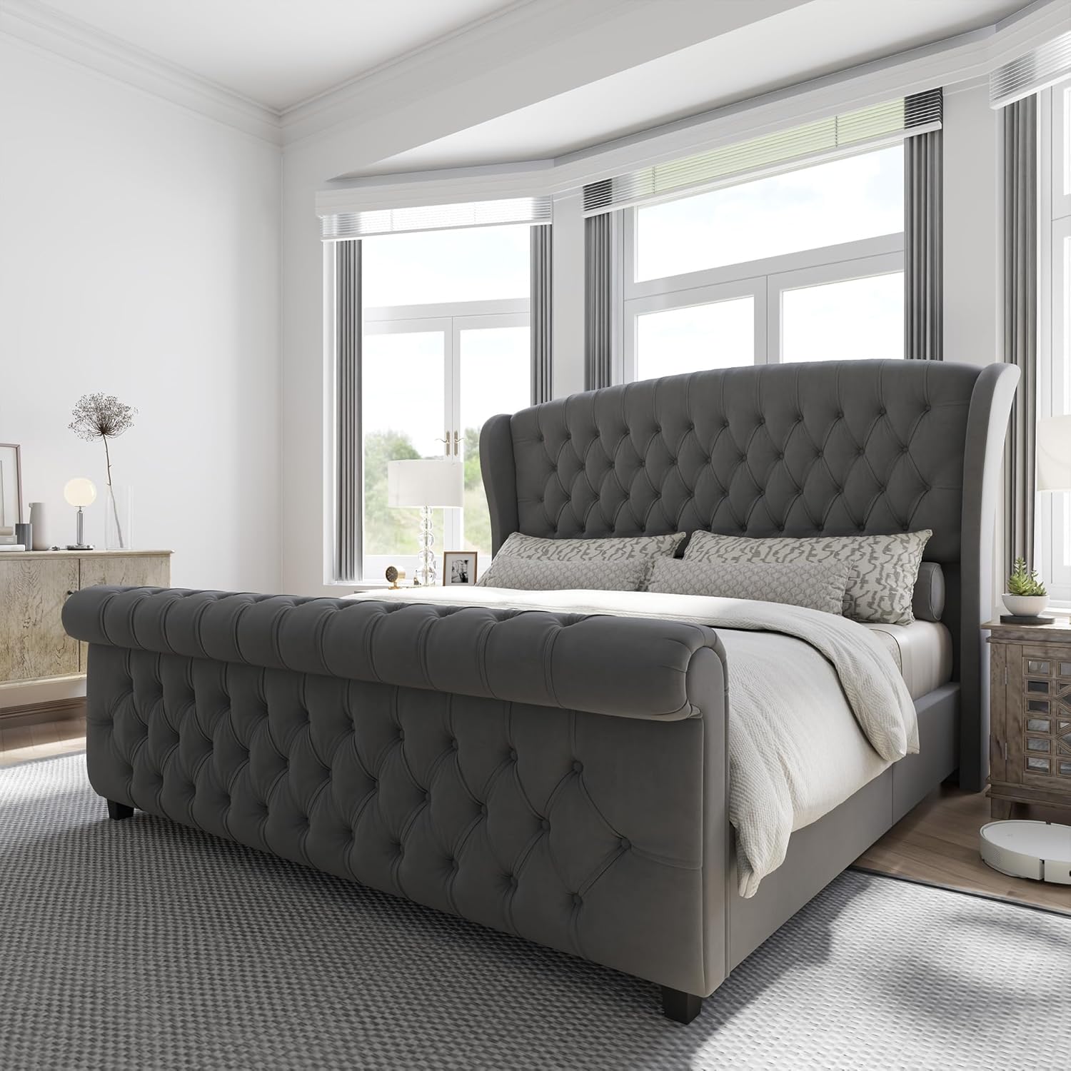 California King Size Platform Bed Frame with Velvet Upholstery