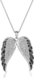 Sterling Silver Black and White Diamond Angel Wings Necklace