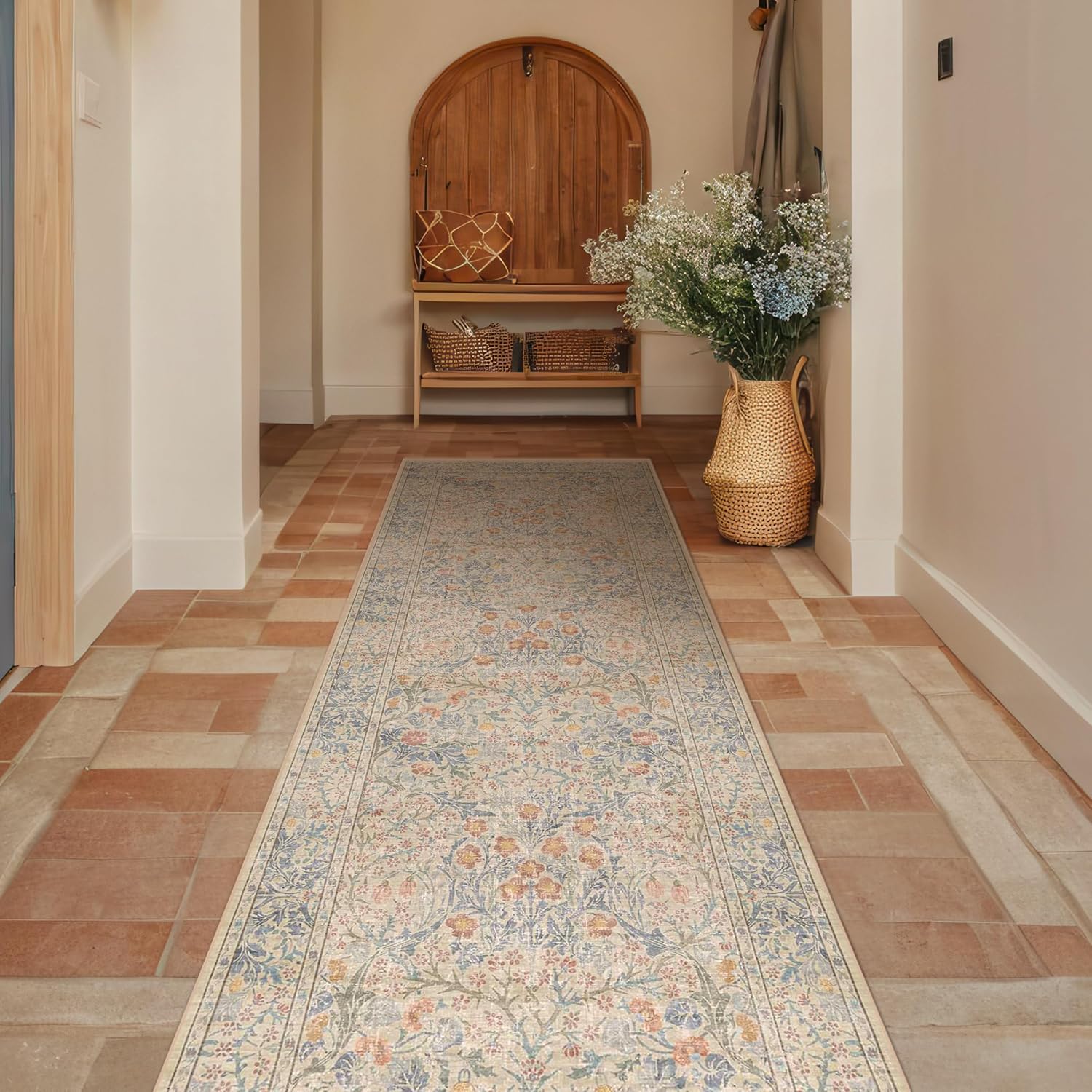 Beige Blue Washable 2x8 Runner Rug for Bathroom and Hallway