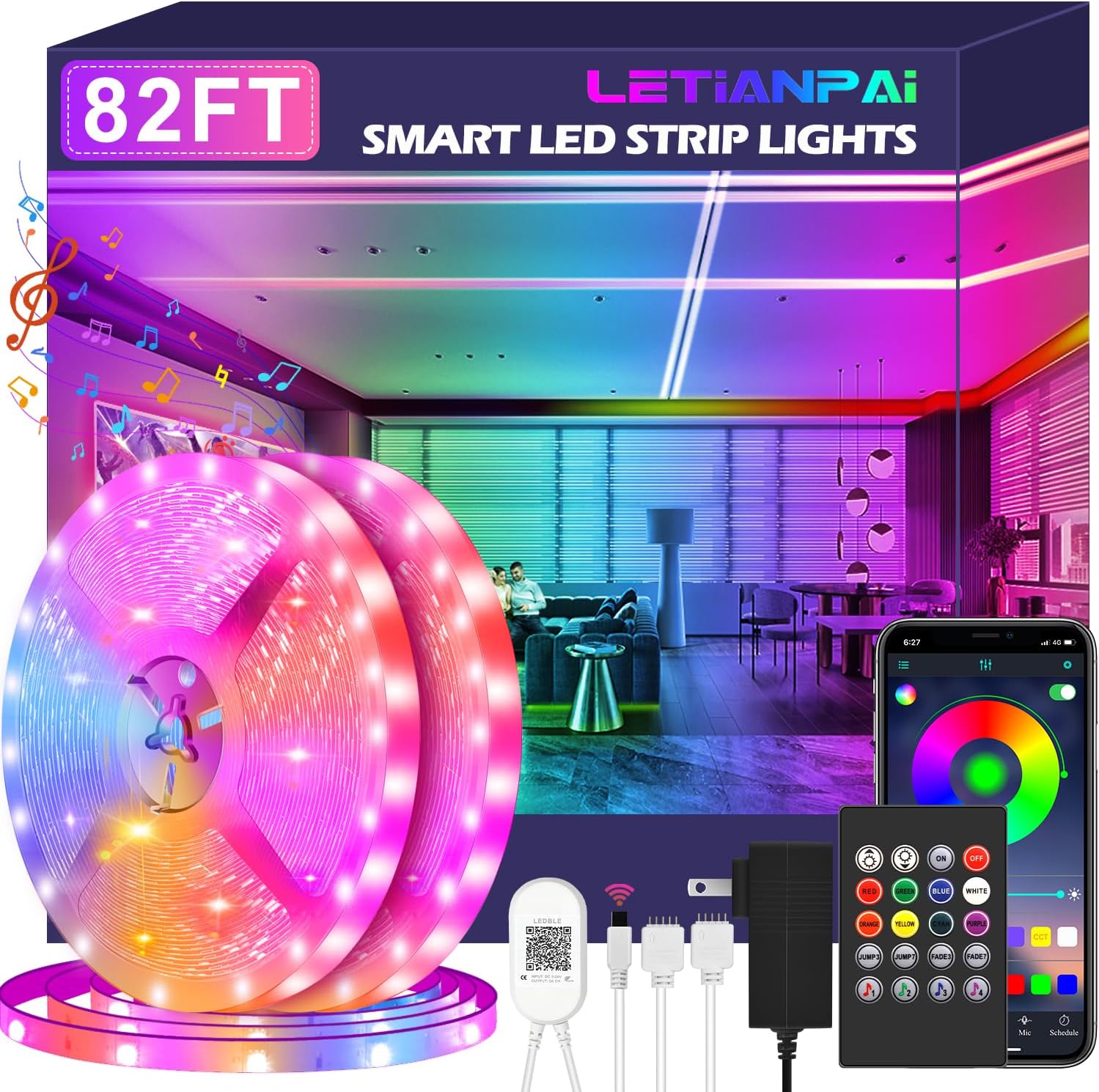 Smart LED Strip Lights 82ft Music Sync Color Changing Rope Lights