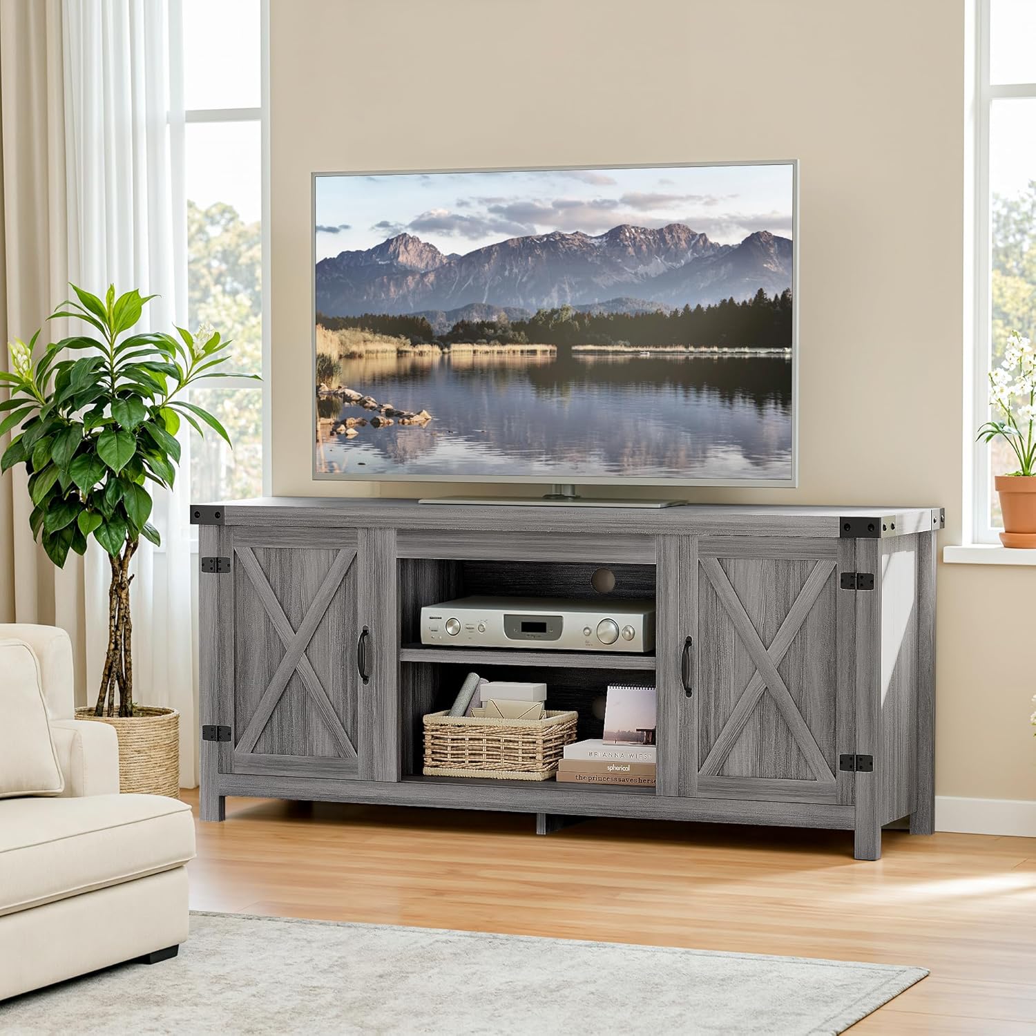 Modern Farmhouse TV Stand with Barn Doors for 65 Inch TVs