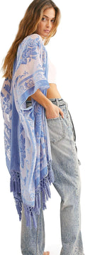 Burnout Velvet Kimono Long Cardigan Cover Up - Elegant Layering Piece