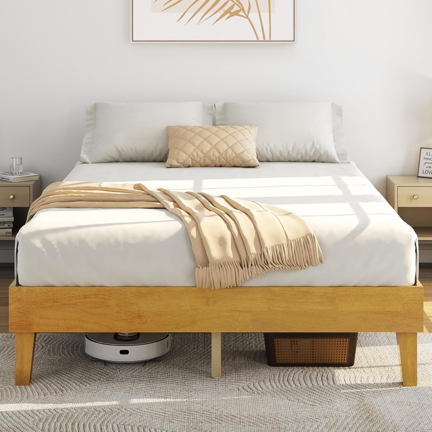 Natural Solid Wood Queen Bed Frame with Storage and Support