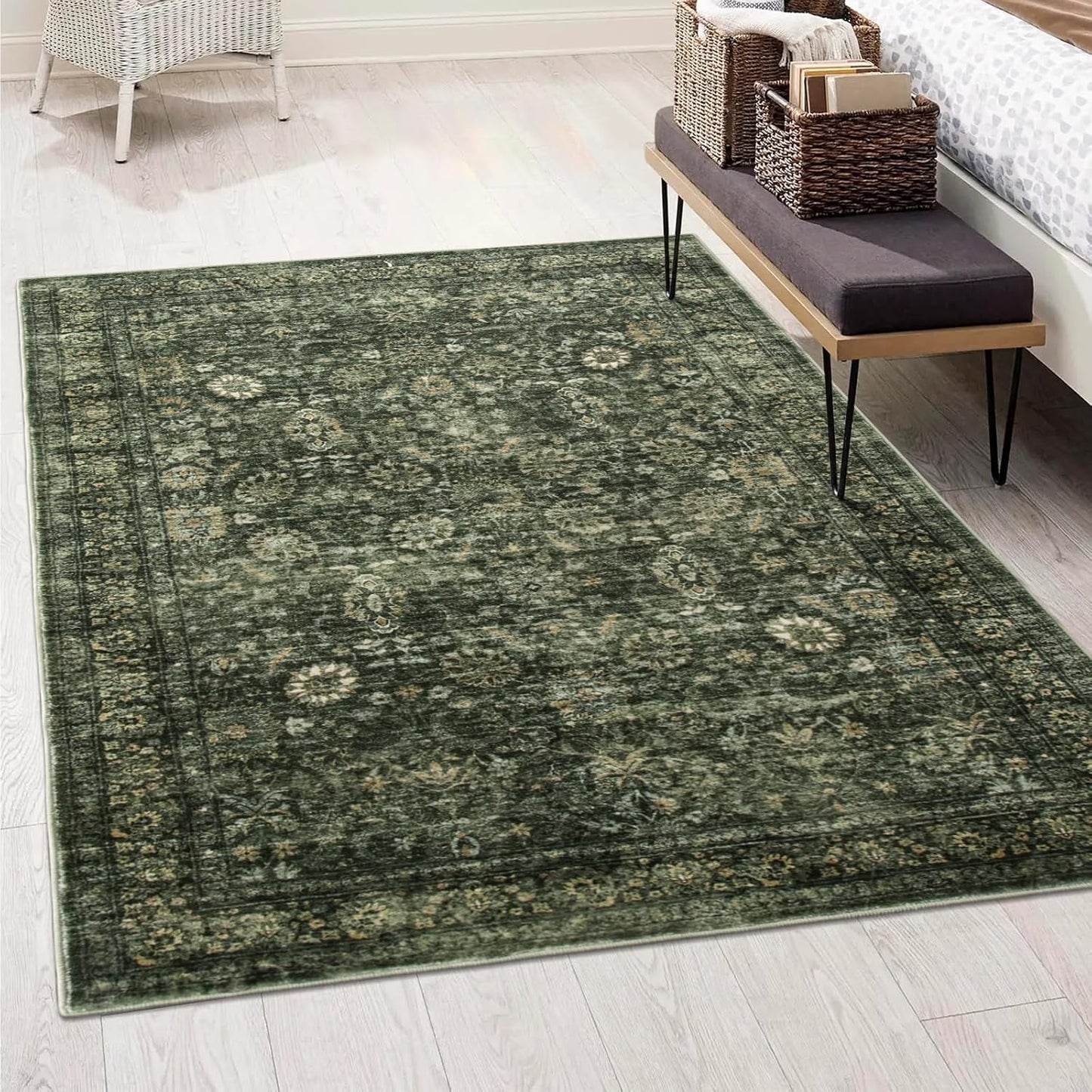 Washable Dark Green Area Rugs 6x9 for Vintage Boho Style