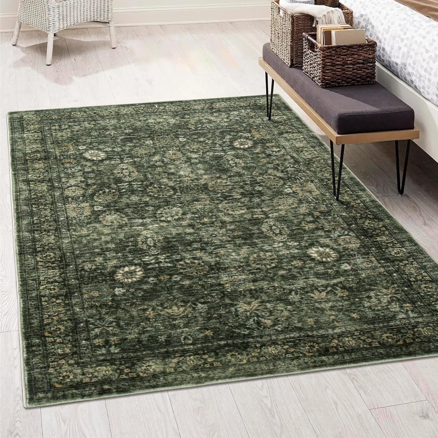 Washable Dark Green Area Rugs 6x9 for Vintage Boho Style