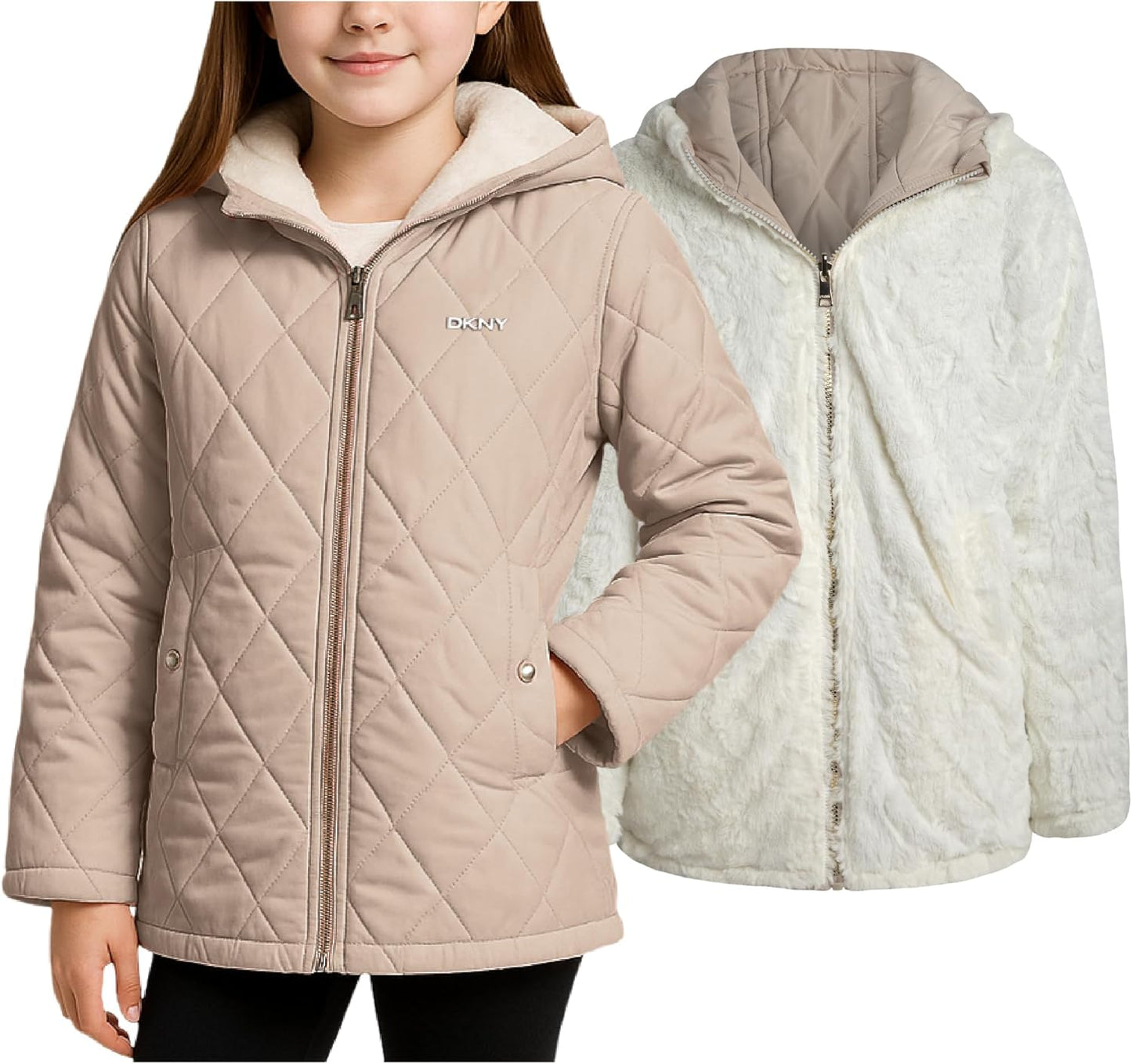 DKNY Reversible Girls Winter Coat - Cozy Quilted Puffer Jacket