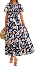 Women's Flutter Short Sleeve Floral Maxi Dress - Smocked Tiered Fit