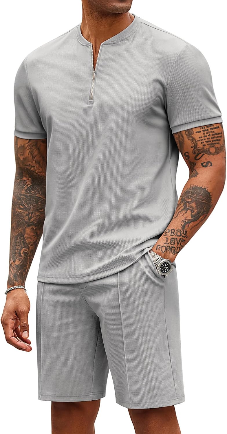 COOFANDY Men's 2 Piece Casual Quarter Zip Polo and Shorts Set