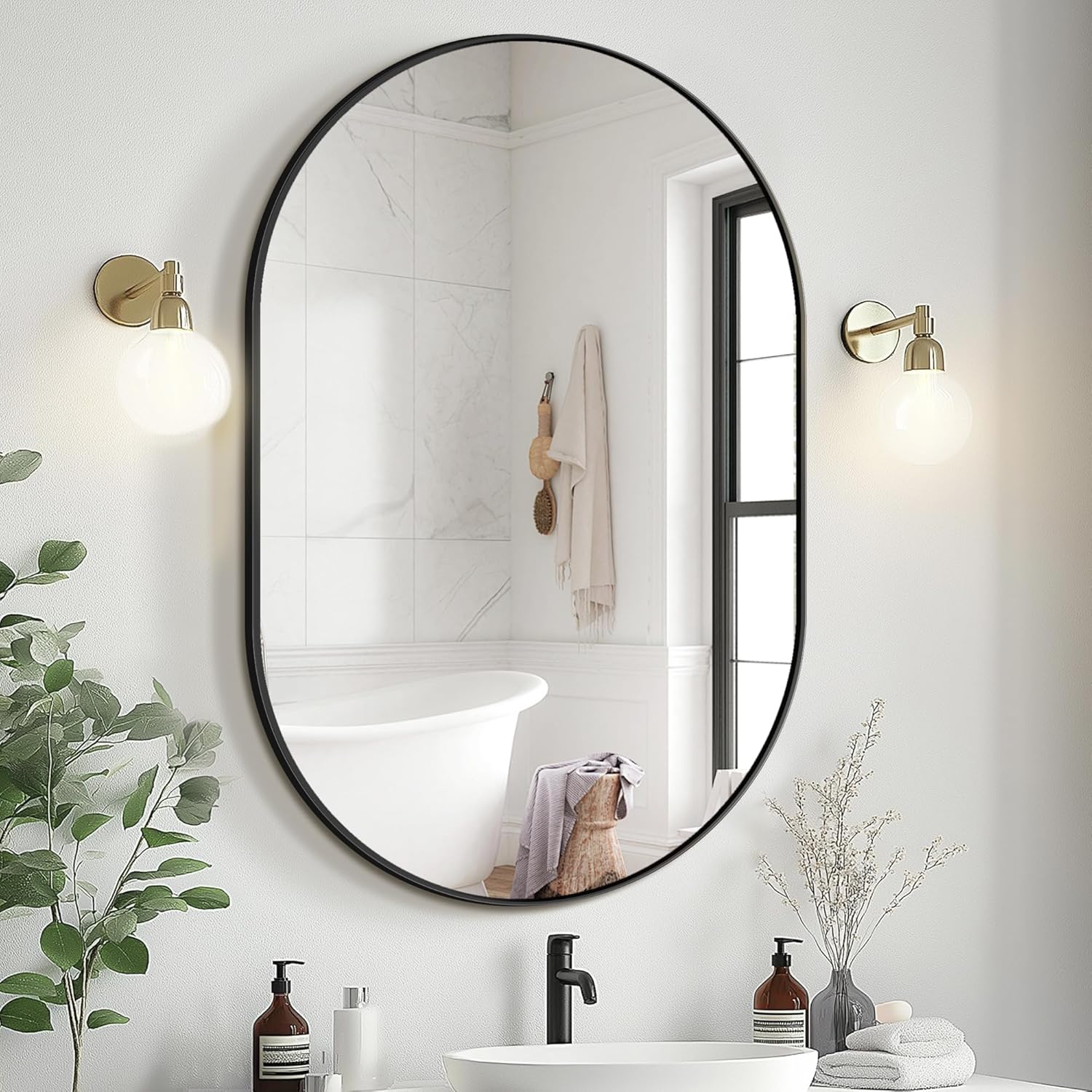 Modern Black Oval Bathroom Mirror for Wall, 36ft'x24ft' Size