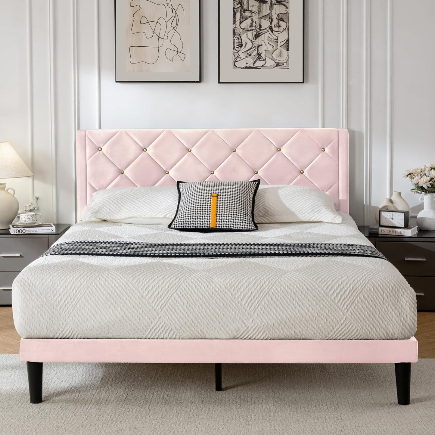 Queen Size Platform Bed Frame with Velvet Headboard Design