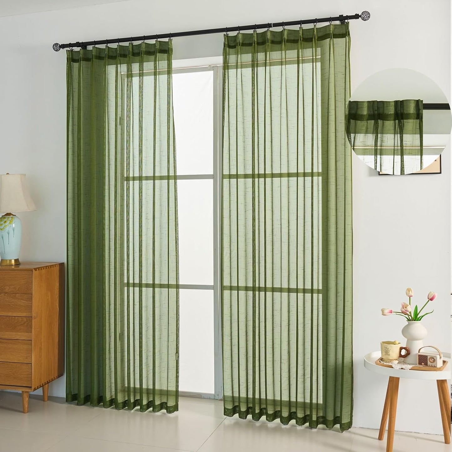 Dark Green Linen Look Pinch Pleated Sheer Curtains for Home