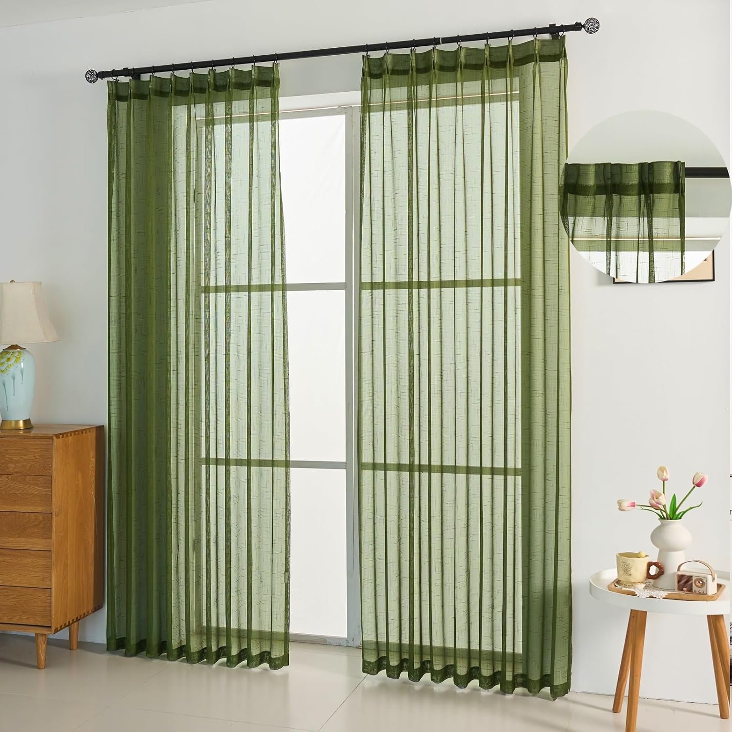 Dark Green Linen Look Pinch Pleated Sheer Curtains for Home