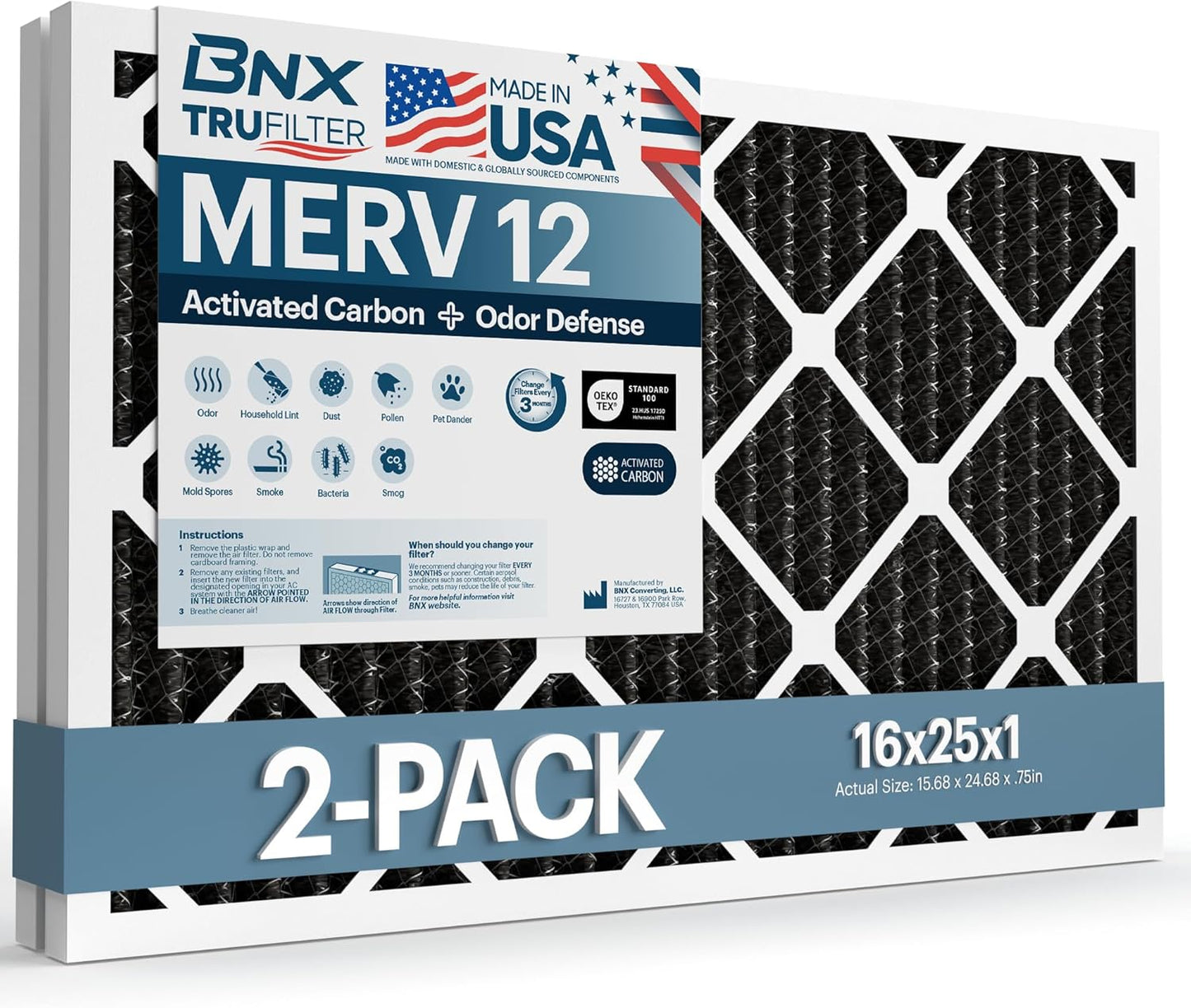 BNX TruFilter 16x25x1 MERV 12 Odor Defense Air Filters
